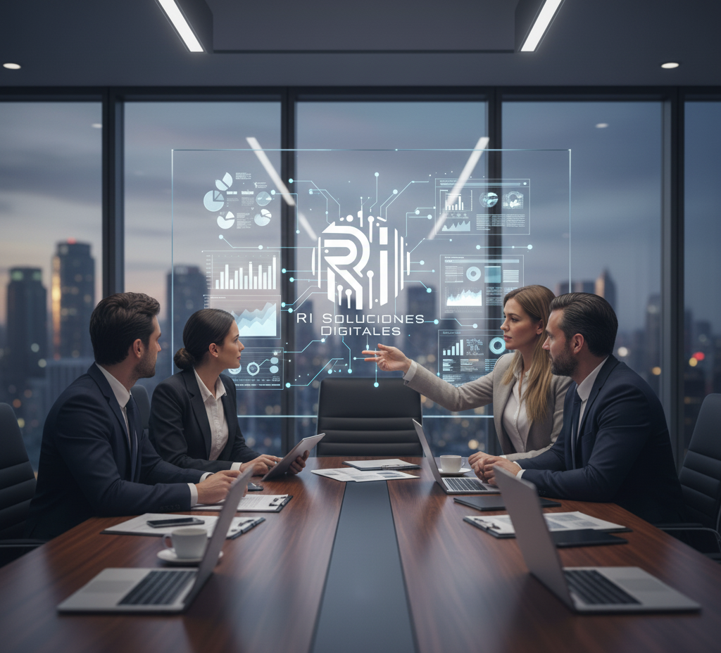 Cuatro consultores de negocios con vestimenta formal se reúnen alrededor de una gran mesa de conferencias en una moderna oficina en un rascacielos al anochecer. Una pantalla holográfica brillante proyecta el logotipo de "RI Soluciones Digitales", esquemas de circuitos y gráficos de datos detallados sobre la mesa, simbolizando soluciones de TI estratégicas e integración digital.